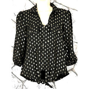 Olivia & Martin    Size S   Front-Tie Button-Down Shirt   Black+ Gold Foil Print